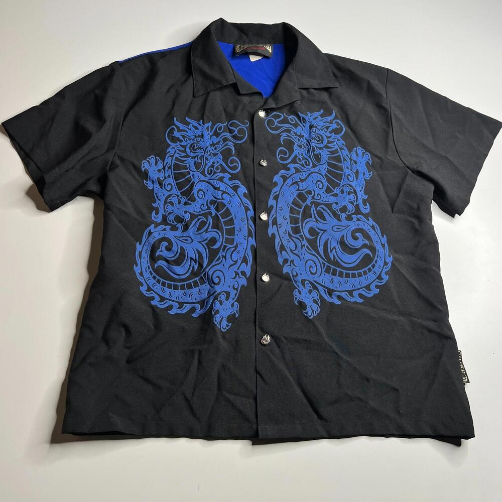 90s Casino Wear Los Angeles Black Button Up Shirt Blue Dragon Graphic Men’s L